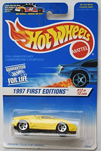 HOT Wheels 1:64 Scale 1997 First Editions 12 of 12, Yellow 25TH Anniversary Lamborghini Countach Square Card