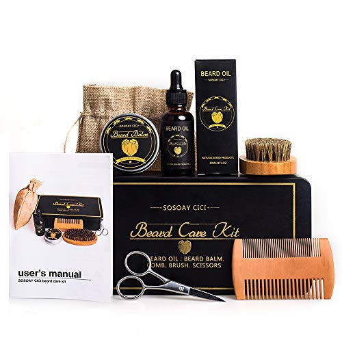 Beard Care Kit For Men, Beard Grooming Growth Trimming kit For Men Gift Includes Beard Balm, Beard Oil, Beard Brush, Wooden Beard Comb, Beard Scissors - Metal Gift Box
