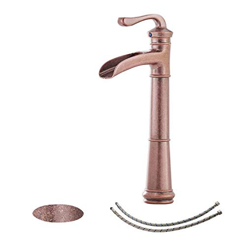 BWE Vessel Sink Faucet with Drain Assembly and Supply Line Lead-free Waterfall Single Handle One Hole Bathroom Faucets Deck Mount Lavatory Mixer Tap Tall Body Antique Brass Copper
