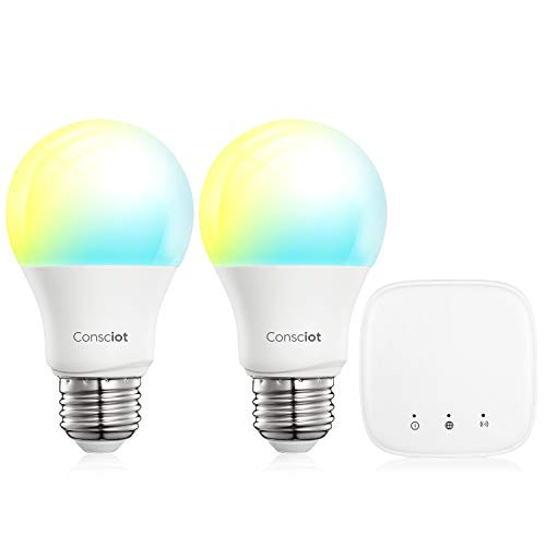 Consciot Smart Bulbs Kit, Zigbee Bulbs and Hub, A19 E26 9W 800LM LED Lights, 60W Equivalent, Soft White & Cold White, (2700k-6500k) Dimmable & Tunable, 2Bulbs and 1Hub Kit