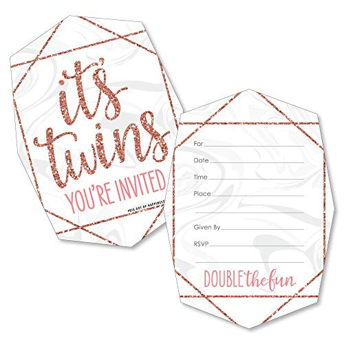 Its Twin Girls - Shaped Fill-in Invitations - Pink and Rose Gold Twins Baby Shower Invitation Cards with Envelopes - Set of 12
