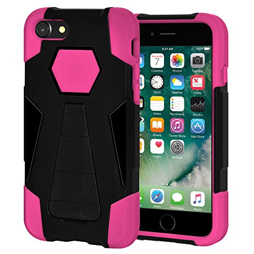 AMZER Slim Dual Layer Hybrid Kickstand Case Skin for Apple iPhone 7 - Black/Hot Pink