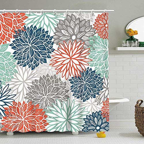 Stacy Fay Shower Curtain, Floral Shower Curtains Set with 12 Hooks, Waterproof Polyester Fabric Curtain for Bathroom,72 x 72 Inch, Red Blue Green Grey Dahlia