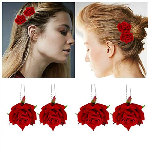 Rose Flower Hair Clip Red Roses Flower Hair Accessories Comb Pin Up for Women Girls Bride Bridesmaids Wedding Headpiece Flamenco Dancer Hairpins Headwear Barrette Styling Tools Accessories 4pcs