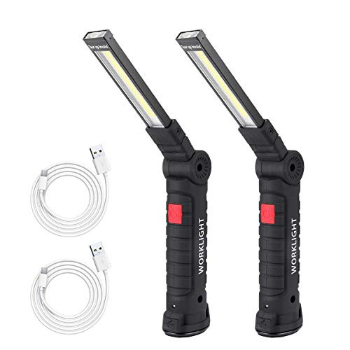 Jhua COB LED Work Light Rechargeable Work Lights with Magnetic Base, 360°Rotate 5 Lighting Mode, Portable LED Magnetic Flashlight Inspection Light for Car Repair, Household, Emergency Use (2 L)