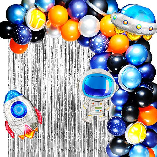 JOYYPOP Outer Space Balloon Garland Kit, 110pcs Outer Space Party Decorations with UFO Rocket Astronaut Balloons Silver Foil Curtain for Space Themed Birthday Party Supplies