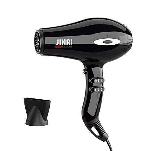 JINRI Professional Salon Hair Dryer, Powerful 1875W Ceramic Tourmaline Blow Dryer, Lightweight Quiet AC Motor Negative Ionic Hairdryer with Concentrator, Black