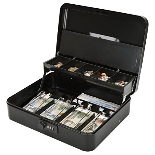 Jssmst Locking Large Metal Cash Box with Money Tray, Money Box with Combination Lock, Black