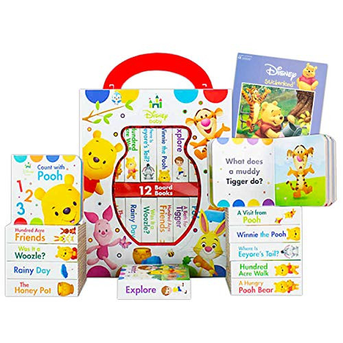 Disney Baby Winnie The Pooh Board Books Set Toddlers Babies Bundle ~ Pack of 12 Chunky My First Library Board Book Block with Stickers (Winnie The Pooh Books for Infants)