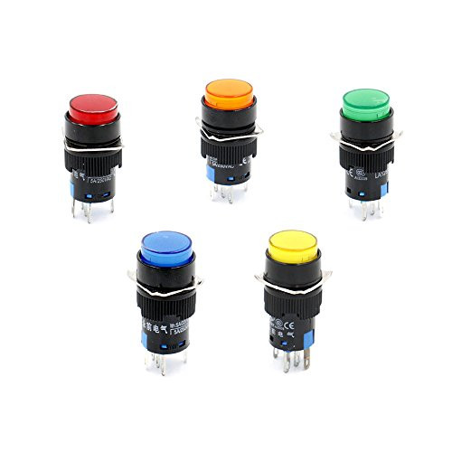 Baomain 16mm Push Button Switch Momentary Round Cap LED Lamp Red Yellow Orange Blue Green Light DC 24V SPDT 5 Pin 5 Pack