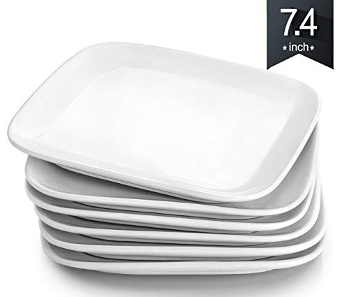 KOMUEE Porcelain Square Dessert Salad Plates - 7.4 Inch - Set of 6, White