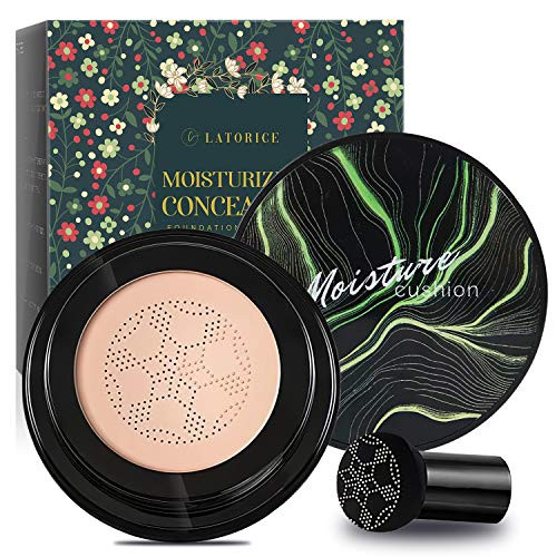 Air Cushion BB Cream, CC Cream Mushroom Head Foundation, Moisturizing Concealer, Bright Makeup Base Long Lasting with Mushroom Makeup Sponge, Easy to Apply, Round, Latorice