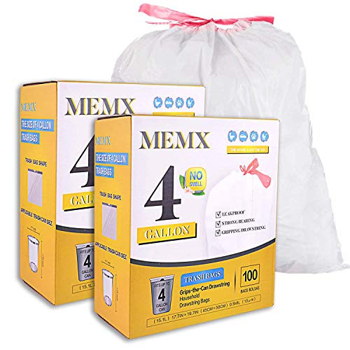 Drawstring Trash Bags,MEMX 4 Gallon Small Garbage Bags Wastebasket Bin Liners Strong Plastic Trash Bags for Bathroom,Bedroom,Office Trash Can.(200 Count)