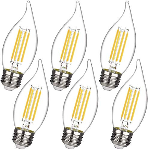 LED Candelabra Bulb, 2700K Warm White,450LM,LED Dimmable Edison Bulb,4.5W Equivalent to 50W, E26 Medium Base LED Candle Bulbs,UL Listed CA11/C35 Clear Glass Flame Shape Bent Tip (E26 Base-6 Pack)