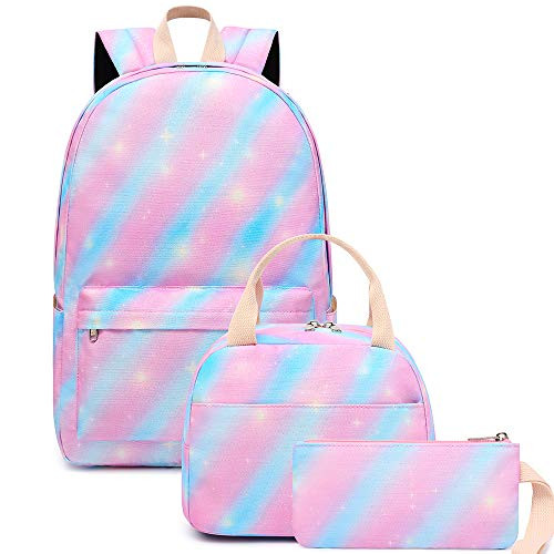 Girls Backpack Bookbags School Bag Kids Rainbow Tie Dye Teen School Backpack Set with Lunch Box and Pencil Case Pink