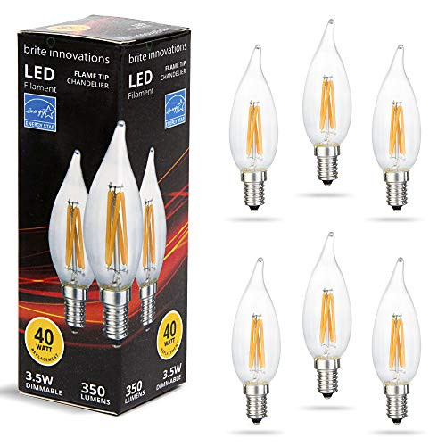 Brite Innovations E12 LED Dimmable Bulbs 6 Pack - 40 Watt Equivalent - for Chandelier and Candelabra Sconces, Flame Tip  2700K Warm White Light, 4W Filament, 120v, 400 Lumens