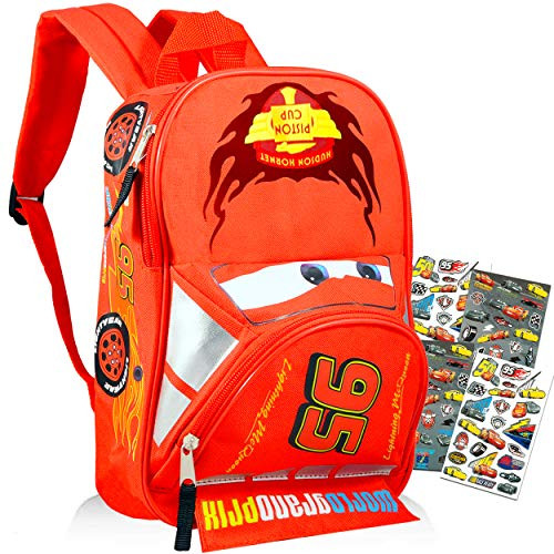 Disney Cars Lightning McQueen Backpack for Kids Bundle ~ Deluxe 16" Cars Backpack with Stickers (Disney Cars School Supplies)