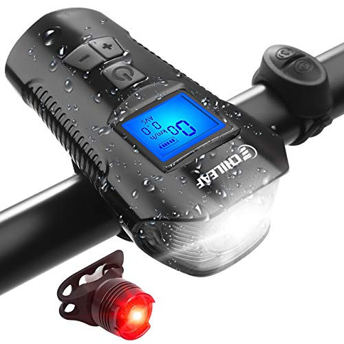 CHILEAF Bike Speedometer with LED Bike Light, Bike Computer with Bike Bell, Bicycle Headlight Taillight IP65 Waterproof, USB Rechargeable Bike Front Light and Tail Light Fits All Mountain & Road Bike