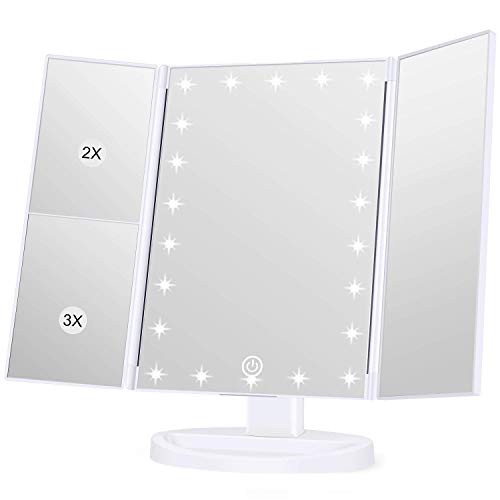 Fanglingtech Upgraded Makeup 22 Led Vanity Mirror with Lights, 1x 2X 3X Magnification, Touch Screen Switch, 180 Degree Rotation, Dual Power Supply, Portable Trifold Makeup Mirror (Upgraded White) Fanglingtech Upgraded Makeup 22 Led Vanity Mirror with Lights, 1x 2X 3X Magnification, Touch Screen Switch, 180 Degree Rotation, Dual Power Supply, Portable Trifold Makeup Mirror (Upgraded White)
