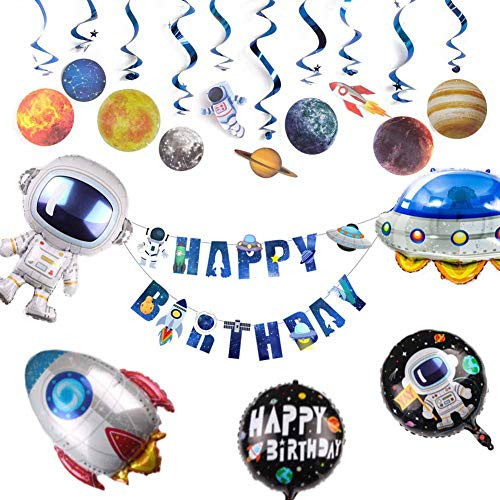 Outer Space Birthday Party Decorations Pack Galaxy Themed Party Supplies Solar System Hanging Swirls Rocket Spacecraft Astronaut Balloons Kit Happy Birthday Banner Planets Room Classroom Decor Maimai