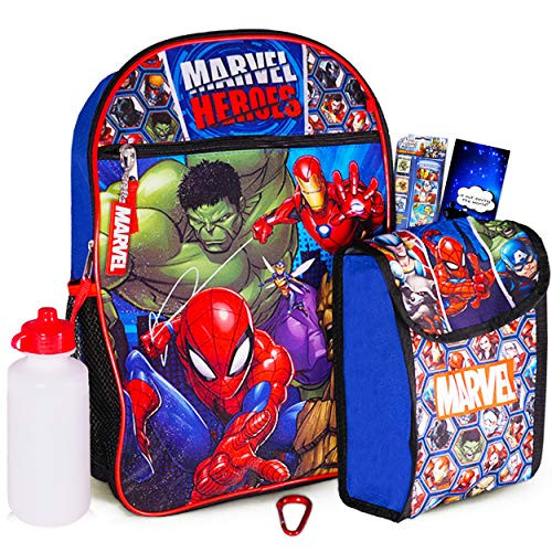 Marvel Avengers Backpack for Kids ~ Marvel Avengers 6 Piece Bundle Set Includes Deluxe 16" Backpack, Snack Tote, Water Bottle, and More (Marvel Avengers Backpack with Lunchbox)