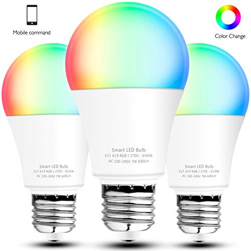 Smart WiFi Light Bulbs, E26 A19 RGBCW Color Changing LED Light Bulbs Dimmable Multicolor 7W(60W Equivalent) No Hub Required APP Remote Control Compatible with Alexa Google Assistant IFTTT (3 Pack)