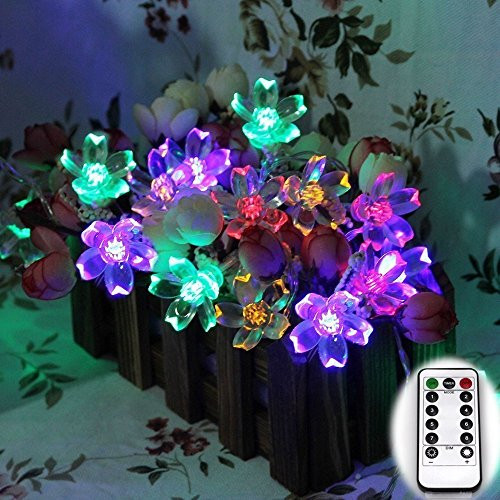 Dreamworth Newest Remote Battery Operated Sakura String Lights 40 LED Flower Fairy Light on 16.4 ft PVC String 8 Lighting Mode with Timer and Dimmer Function + Remote Control for Indoor and Outdoor
