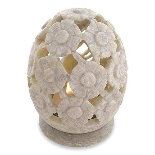NOVICA Jali Soapstone Candle Holder, Beige, White Daisies' (Pair)