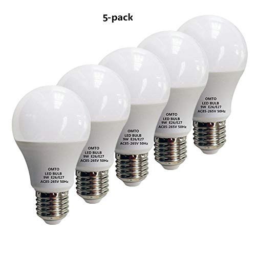 OMTO E26/E27 A19 LED Frosted Light Bulb 9W (60W Equivalent) White (6000K) 85-265V (White, 5pcs)