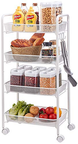 YIUKEA Mesh Rolling Utility Cart 4-Tier Metal Storage Organizer with Steel Wire Baskets and Lockable Caster Wheels,Multifunction Shelving Trolley Cart for Kitchen Bathroom