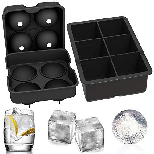 Ouddy 2 Pcs Ice Cube Trays Silicone, Sphere Whiskey Ice Ball Maker with Lids and Large Square Ice Cube Molds for Whiskey, Cocktails and Bourbon