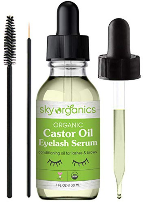 Organic Castor Oil Eyelash Serum by Sky Organics (1 oz) USDA Organic Cold-Pressed 100% Pure Castor Oil Natural Eyelash Serum Hexane-free Castor Oil with Mascara Brushes for Eyelashes and Eyebrows