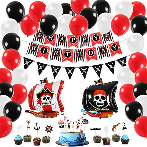 Golray Pirate Birthday Party Supplies Decorations with 32 Balloons, Happy Birthday Banner, Pirate Banner, Mustaches Cake Cupcake Toppers, Ship Foil Balloons, Pirate Themed Party Baby Shower Decor for Boys Children 1st 2nd 3rd 4th Birthday Supplies