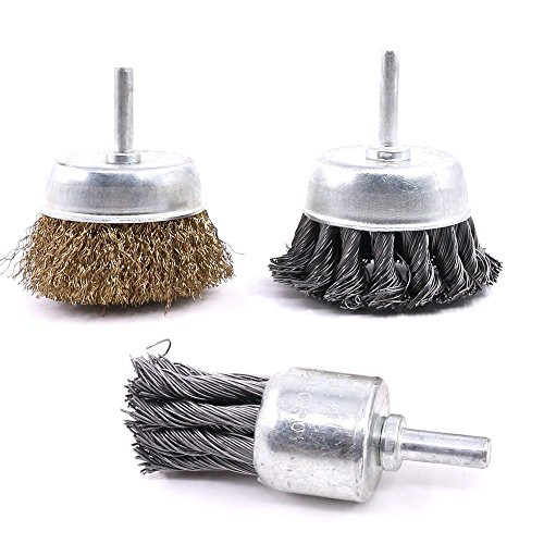 Glarks 3 Pack Knotted & Crimped Cup Steel Wire Wheels Brush & Carbon Knot Wire End Brush For Rust removal, Corrosion and Scrub Surfaces