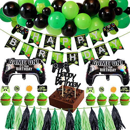 Golray Video Game Birthday Party Supplies Decorations for Gamer Boys with 34 Balloons Decor, Gamer Happy Birthday Banner, Paper Tassel Banner, Cake Cupcake Toppers, Game Foil Balloons, Gaming Party Supplies Favors for Gamer Boys Birthday Decorations