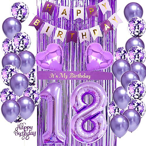 18th Birthday Decorations for Girls, 18th Birthday Balloons Purple, 18th Birthday Decorations, Purple Balloons, It's My Birthday Sash, Cake Topper, Birthday Banner for 18th Birthday Decorations (18th)