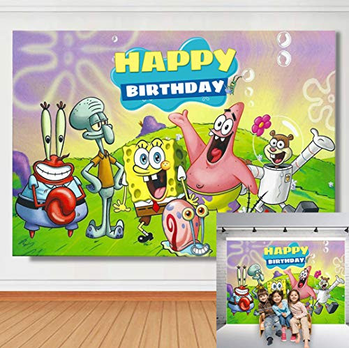 TJ 5x3FT Vinyl Cartoon Spongebob Patrick Star Photography Backdrops Happy Birthday Theme Party Decor Background Children Photo Booth Studio Props