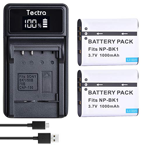 Tectra 2 Pack NP-BK1 Rechargebale Batteries and LED USB Charger for Sony Cybershot MHS-PM5 DSC-W180 MHS-CM5 DSC-W370 DSC-S980 DSC-S750 DSC-S780 DSC-S950 DSC-W190 MHS-CM1 MHS-PM1 Cameras