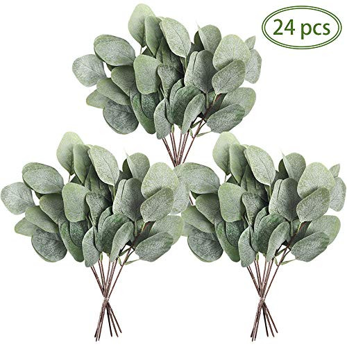 HATOKU 24pcs Artificial Eucalyptus Leaves Stems Faux Silver Dollar Eucalyptus Plant Branches for Floral Arrangement Vase Centerpieces Bouquets Wedding Holiday Greenery Decor