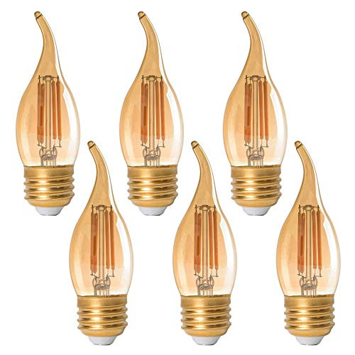 PANLAVIE LED Filament Candelabra Bulb 4W Dimmable, 40W Equivalent, Vintage Classic Edison Style, Amber Glass Light Bulbs, Gold Tint Flame Tip, E26 Base, Ultra Warm White 2200K, Pack of 6 PANLAVIE LED Filament Candelabra Bulb 4W Dimmable, 40W Equivalent, Vintage Classic Edison Style, Amber Glass Light Bulbs, Gold Tint Flame Tip, E26 Base, Ultra Warm White 2200K, Pack of 6