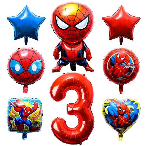 PANTIDE 8Pcs Spiderman Balloons 3rd Birthday - Including Giant Number 3 Balloon, Foil Balloons, Avengers Superhero Theme Birthday Party Decorations Supplies for Baby Kids Boys Who Likes Spiderman