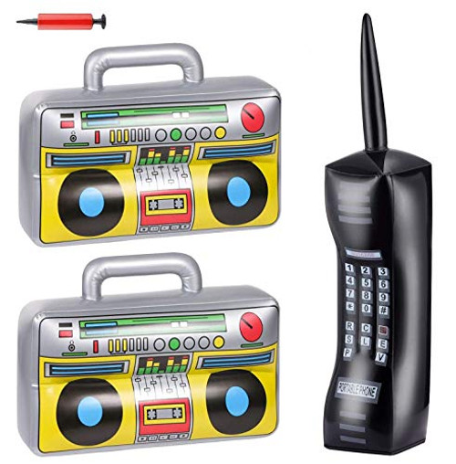 Inflatable BoomBox & Inflatable Mobile Phone Toy Set - 3 Count - Inflatable Boom Box Inflatable Phone Props - 80's 90's Party Decorations for Rappers Hip Hop Costume Accessory Party Supplies