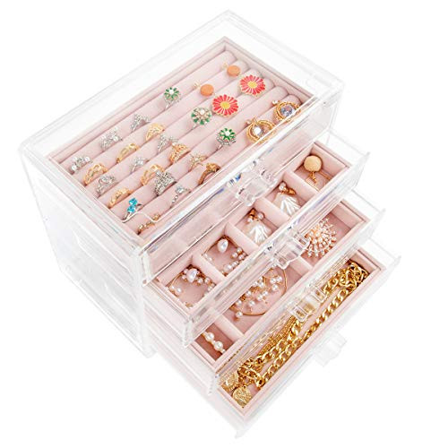 Mebbay Acrylic Jewelry Box with 4 Drawers, Velvet Jewelry Organizer for Earring Necklace Ring & Bracelet, Clear Jewelry Display Storage Case for Woman, Pink Mebbay Acrylic Jewelry Box with 4 Drawers, Velvet Jewelry Organizer for Earring Necklace Ring & Bracelet, Clear Jewelry Display Storage Case for Woman, Pink