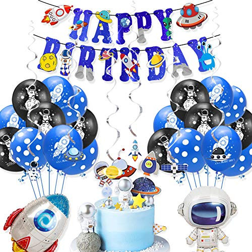 Space Party Supplies - Including Happy Birthday Banner, Outer Space Party Balloons,Outer Space Party Planet Hanging Swirl with Cake Toppers