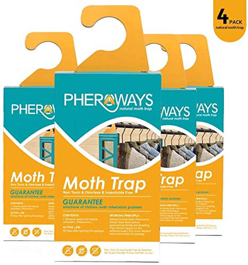 PHEROWAYS Clothes Moth Traps | Safe Moth Traps for Closet Clothing & Carpet Moth Traps | Non-Toxic, Effective Guaranteed (4 Pack)