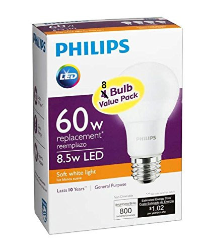 Philips 455576 60W Equivalent 2700K A19 LED Light Bulb, Soft White (2-Pack)