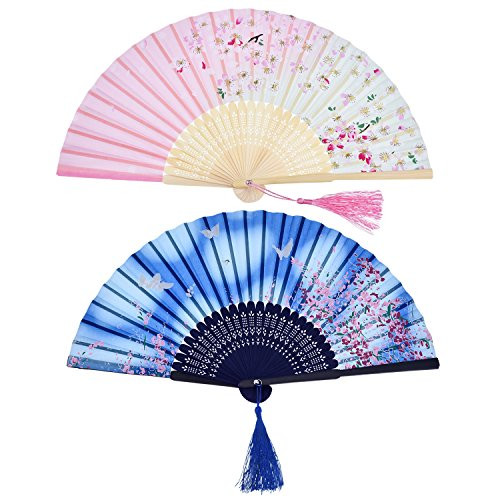 2 Pieces Folding Fans Handheld Fans Bamboo Fans with Tassel Women's Hollowed Bamboo Hand Holding Fans for Wall Decoration, Gifts (Blue Butterfly and Pink Cherry Pattern)