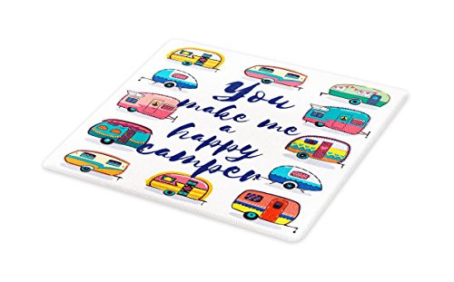 Lunarable Camper Cutting Board, You Make Me Happy Motivational Words Caravans Retro Style Travel Graphic Print, Decorative Tempered Glass Cutting and Serving Board, Large Size, Indigo Yellow