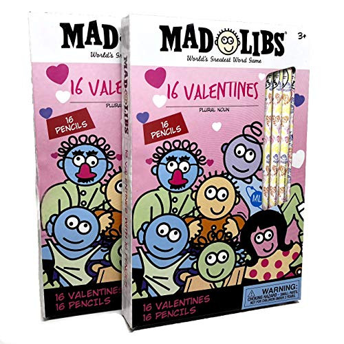 Mad Libs Valentines cards with pencils. School classroom exchange gift pack. TWO PACKS of 16 valentines and 16 pencils