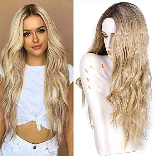 AISI QUEENS Synthetic Ombre Ash Blonde Wig Long Curly Wavy Wig 28 Inch Middle Part Wig for Women 2 Tone Blonde Wig Full Curly Cosplay Wigs